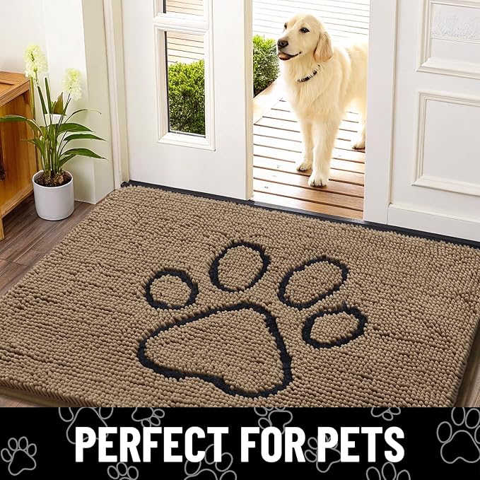 Smiry Dog Door Mat for Muddy Paws, Absorbent Dirt Trapper Non Slip Quick Dry Washable Chenille Mat for Mud Dogs, Entry Rug for Indoor and Outdoor (70x35 Inches, Camel and Black)