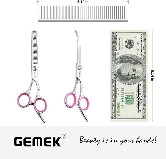 Dog Grooming Scissors with Safety Round Tips Stainless Steel Professional Dog Grooming Kit - Thinning, Curved Scissors and Comb for Cat Pet (Pink 4 in 1)