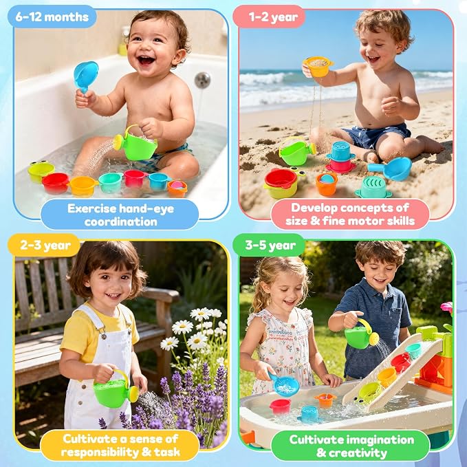 Toddler Bath Toys for Kids Ages 1-3 Baby Bath Toys Beach Sand Pool Water Table Toys Mold Free Bathtub Toys for 12+ Months Stacking Cups Showerhead Spoon for 1 2 3 4 5 6 Years Old Girls Boys Gifts 9PCS