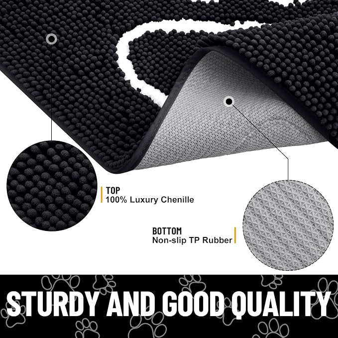 Smiry Dog Door Mat for Muddy Paws, Absorbent Dirt Trapper Non Slip Quick Dry Washable Chenille Mat for Mud Dogs, Entry Rug for Indoor and Outdoor (71x46 Inches, Black and White)