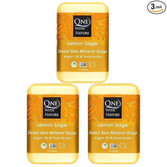 One With Nature Dead Sea Salt Lemon Sage Soap 7oz 3-Pack – Purifying and Exfoliating Soap Bar with Dead Sea Minerals for Face & Body, for Men & Women