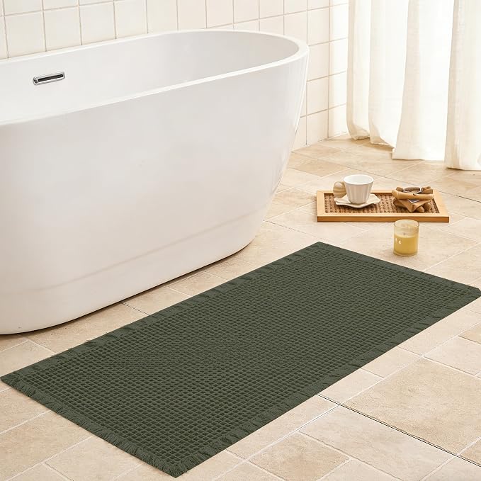 Waffle Bath Mat Non Slip, Boho Bathroom Rug, Super Absorbent Quick Dry Bathroom Mat, Soft Farmhouse Bath Rug with Tassels, Small Washable Shower Mats for Floor 24"x36", Olive Green