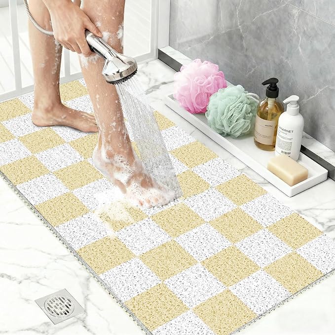 Non Slip Loofah Shower Mats 24"x16", PVC Loofah Bath Mat for Inside Shower, Quick Dry Soft Bath Mat for Bathroom Floor, Tub Pool Kitchen Entryway Home Hotel, Beige Checkered