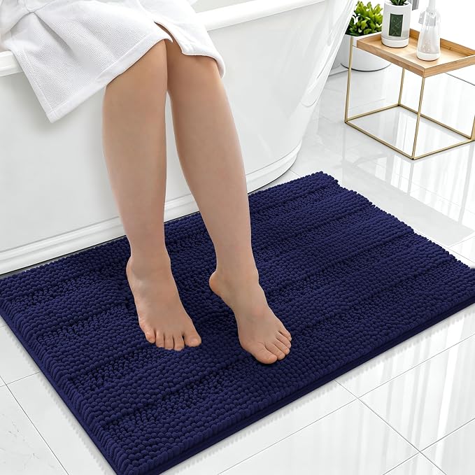Smiry Thick Chenille Bathroom Rugs 36x24, Extra Absorbent Striped Bath Mat, Machine Washable, Rubber Backing, Bath Rugs for Bathroom, Tub & Shower, Home Decor Accessories, Twilight Sapphire