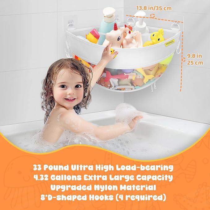 Bath Toy Storage Corner Wall Mounted, 4.32 Gallons Bath Toy Holder, Bottom Zipper Mesh Bathtub Toys Storage Organizer Bag, Quick Access Baby Shower Caddy Quick Dry Bathtub Toys Holder Accessory