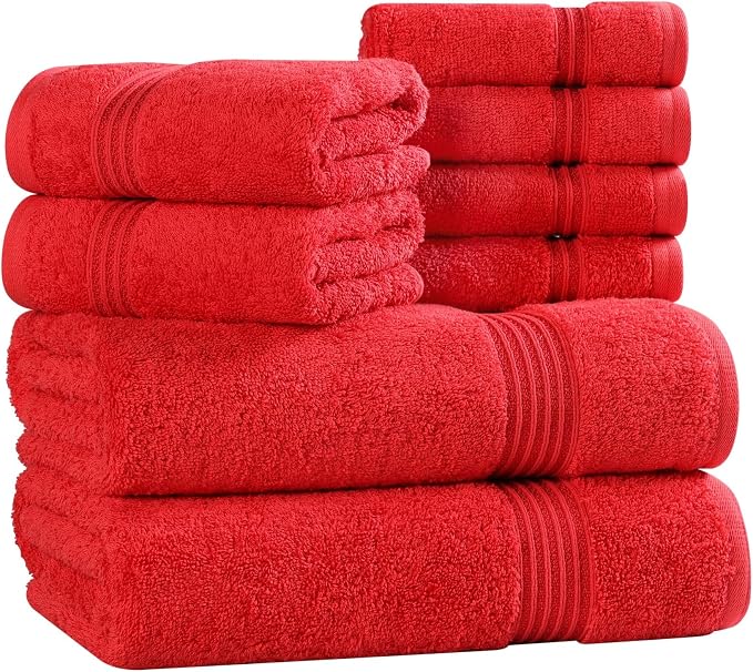 Superior Egyptian Cotton 8-Piece Towel Set, Assorted Towels for Home Bathroom, Master, Guest Bath, Decor Essentials, Includes 2 Bath, 2 Hand, 4 Face Towels/Washcloths, Quick Dry, Absorbent, Red