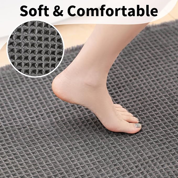 Waffle Bath Mat - Boho Bathroom Rugs Non Slip Washable, Super Absorbent & Quick Dry, Soft Bath Mat Farmhouse Bathroom Decor, 20'' x 48'', Dark Grey