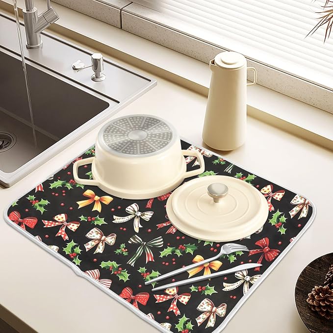 Christmas Bow Berries Dish Drying Mat, Absorbent Drainer Mats for Kitchen Counter Coffee Maker 24"x18"