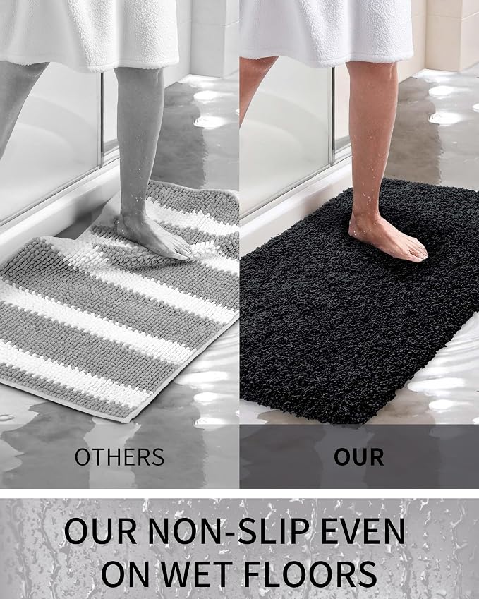 Bathroom Rugs Non Slip Washable 70x24, Ultra Thick Soft Microfiber Absorbent Bath Mats, High Density Foam Latex Non Slip Backing Bath Rugs, Fluffy Floor Carpet for Tub&Shower, Black