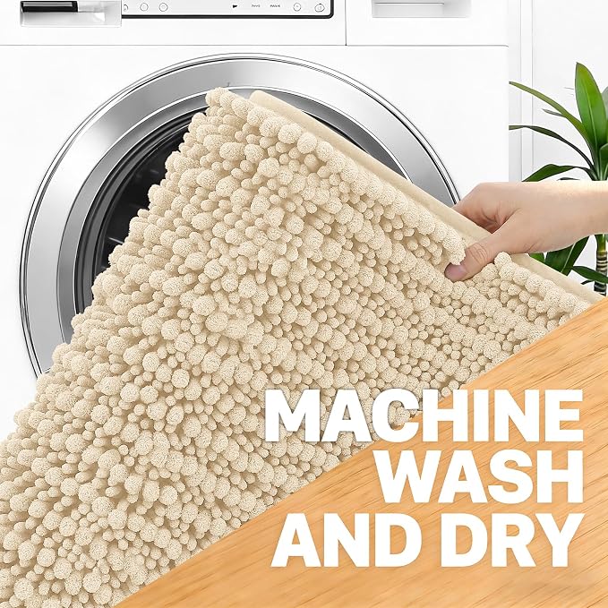 OLANLY Bathroom Rug Mat 44x24, Thick Soft and Absorbent Chenille Bath Mat, Non-Slip Rubber Backing, Machine Washable Quick Dry Bath Rugs for Tub Shower Floor, Home Decor Accessories, Beige