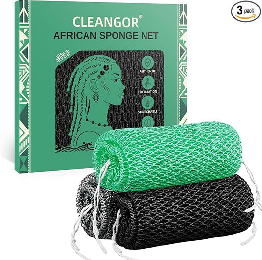 Cleangor 3Pcs African Net Sponge Authentic with Knots - Exfoliating Body | Scrubber for All Skin Types, African Bath Sponge, Wash Cloth, Gentle Exfoliation Shower Rag for Women Daily Use