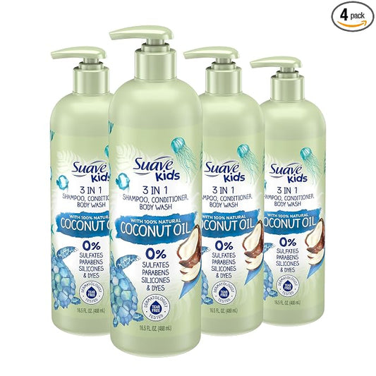Suave Kids Natural Coconut Oil 3-in-1 Tear Free Body Wash, Shampoo and Conditioner, No Sulfates, Parabens, Silicones or Dyes, Kids Shampoo and Conditioner plus Body Wash, 16.5 oz Pack of 4