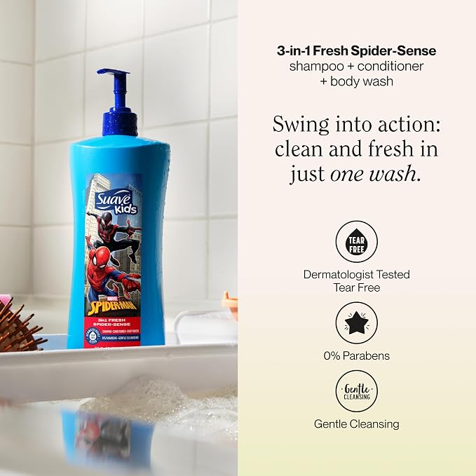 Suave Kids Marvel Spiderman 3 in 1 Shampoo, Conditioner, Body Wash, Fresh Spider Sense, Tear-Free & Gentle, Dermatologist Tested, 4 Count, 28 FL OZ Pump