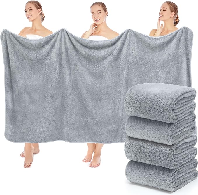 SmoothNovelty 4 Pack Bath Sheets 40 x 80 Inch Jumbo Extra Large Towels Set Oversized Quick Dry Coral Fleece Absorbent and Soft Lightweight Towels for Home Gym Travel Beach Spa Pool Hotel (Light Gray)