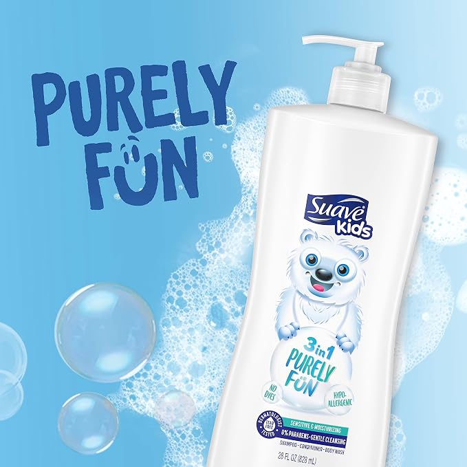 Suave Kids 3-in-1 Shampoo Conditioner Body Wash Purely Fun Makes Bath Time Quick and Easy,Paraben Free and Dermatologist Tested Kids Shampoo 3 in 1 Formula 28 Fl Oz,(Pack of 8)