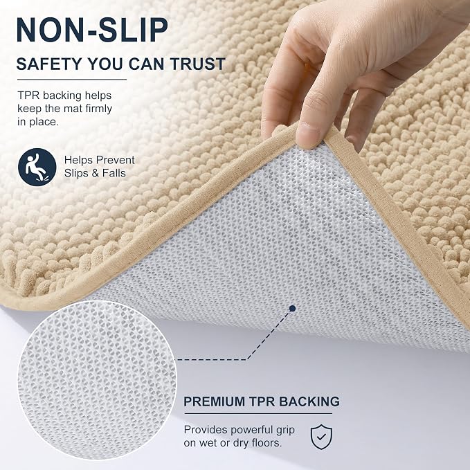 Smiry Thick Chenille Large Bathroom Rugs 45x27, Extra Soft Absorbent Striped Bath Mat, Machine Washable, Rubber Backing, Bath Rugs for Bathroom, Tub & Shower, Home Decor Accessories, Beige