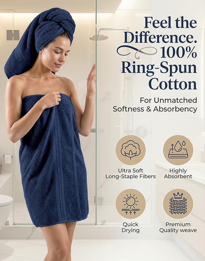 LANE LINEN 24 PCs Bath Towel Set - 2 Bath Sheets, 4 Bath Towels, 4 Fingertip, 8 Washcloths, 6 Hand Towels - 100% Ring Spun Cotton - Highly Absorbent Towels for Bathroom, Gym, Hotel & Spa - Navy Blue