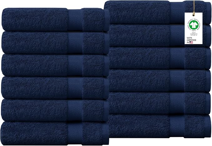 100% Organic Cotton Towels 650 GSM Plush Feather Touch Quick Dry Wash Cloth, Pack of 12 GOTS Certified, Oeko-Tex Green Certified, Organic Cotton Wash Cloth, 13"X13"