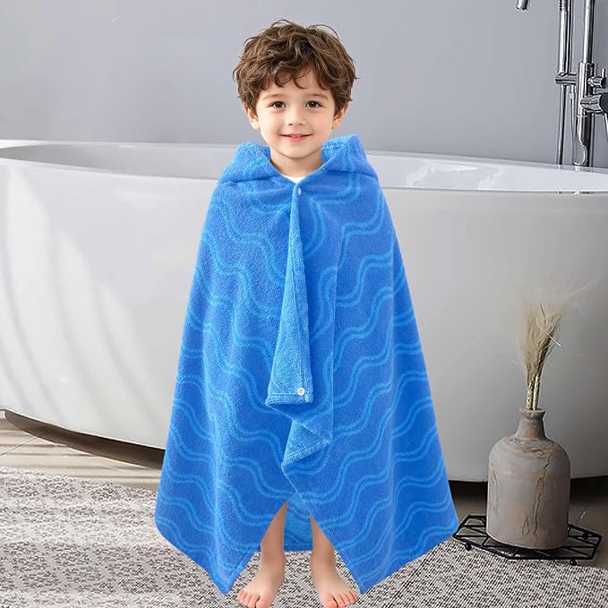 VOOVA & MOVAS Toddler Beach Towel with Hood, (0-3Years,40"X25"),Made from 100% Soft Cotton,Absorbent Hooded Towel Wrap for Baby Boy,Perfect for Pool | Swimming | Bath | Beach,Jacquard Blue Wave