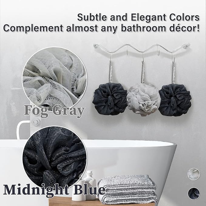 myHomeBody 60g Loofah Sponge, Body Scrubber, Bath Sponge, Loofah for Women, Men, Exfoliating Sponge Shower Pouf with Activated Charcoal – 3 Pack, 2 Midnight Blue + 1 Fog Gray