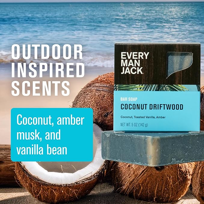 Every Man Jack Cold Processed Mens Bar Soap - Coconut + Driftwood Scent - Deeply Cleans & Hydrates with Shea Butter and Coconut Oil - (3 Pack)