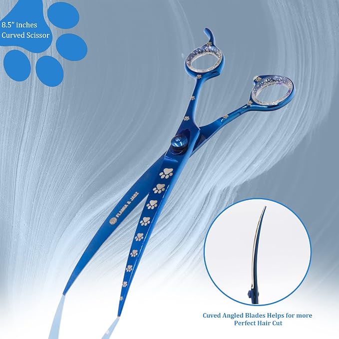 Professional Dog Grooming Scissors Set of Straight, Curved, Thinner/Blender and Chunker Shears with Paw Prints for Dogs, Cats & Pets (Right Handed, Blue, Stainless Steel 8 Inch)