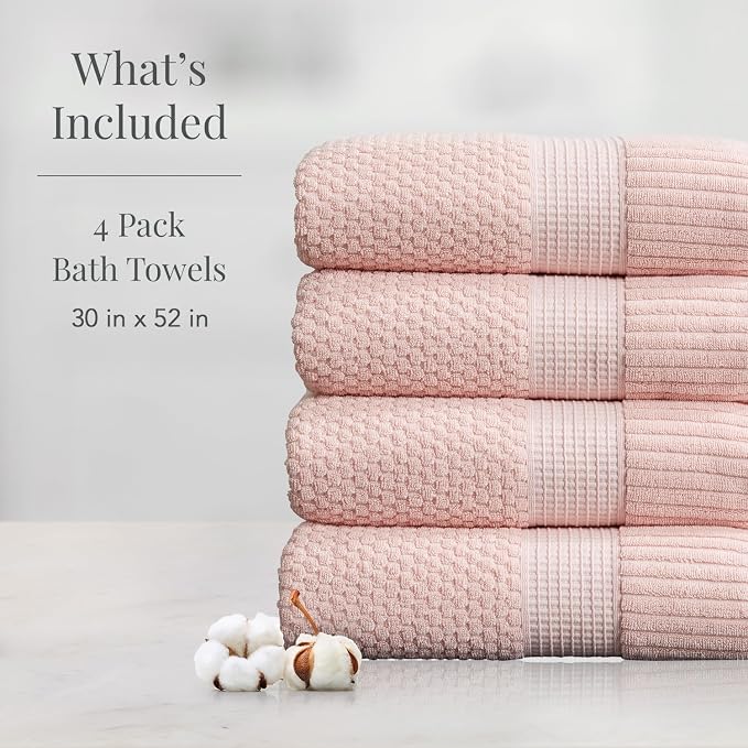 NY Loft 100% Cotton 4-Pack Bath Towel Set | Pink | Oeko-TEX | Quick-Dry | Four 30" x 52" Bath Towels | Super Absorbent | Designer-Styled Texture