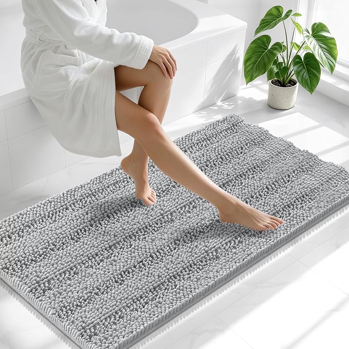 Smiry Thick Chenille Bathroom Runner Rugs 47x24, Extra Absorbent Striped Bath Mat, Machine Washable, Rubber Backing, Long Bath Rugs for Tub & Shower, Modern Home Decor Accessories, Light Grey