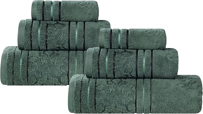 Superior Cotton 6 Piece Towel Set, 2 Bath, 2 Hand, 2 Washcloth/Face Towels, Quick Dry, Home Essentials, Shower, Spa, Luxury Plush Soft Absorbent Towels, Zero-Twist, Jacquard Floral, Forest Green