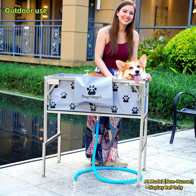 Dogvingpk Portable Foldable Elevated Dog Bathtub, 300 lb Capacity with Drain for Bathing Grooming Medium and Large Dogs, Indoor Outdoor Use (2 PVC-TUB-L)