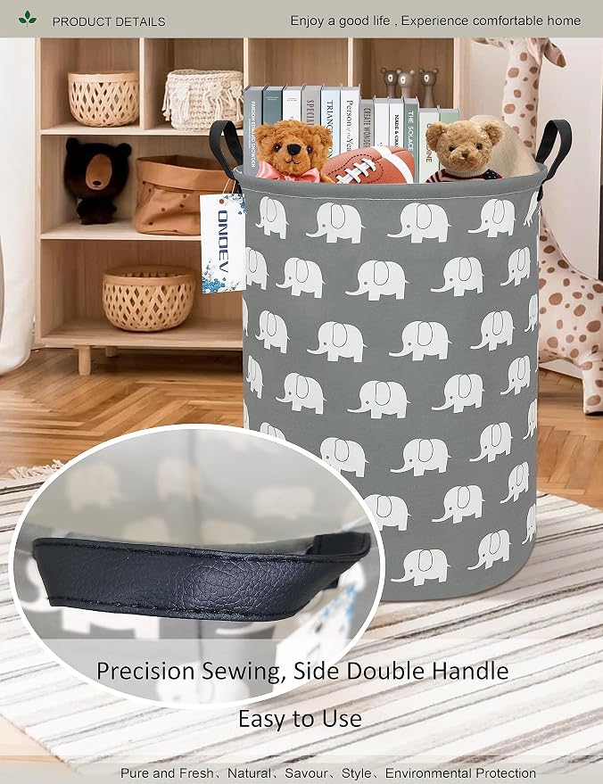 Round Elephant Laundry Hamper, Household Storage Bin | waterproof foldable canvas bin with sturdy grip handles, large capacity, tidy organizer for bath linens and kids garments