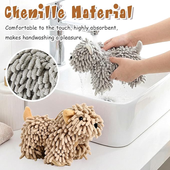 Tegeme 2 Pcs Chenille Dog Hand Towel Fuzzy Towel Absorbent Microfiber Soft for Bathroom Kitchen Washstand (Grey Brown,Standing Dog)