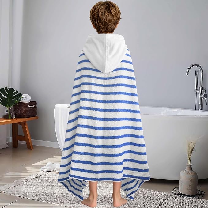 VOOVA & MOVAS Hooded Bath Towels for Teens/Big Kids (8Years Up) | Soft Absorbent 100% Cotton Thick Thin Stripe Towel Wrap | Versatile Beach, Pool, Swim & Bath Cover-Up | Blue