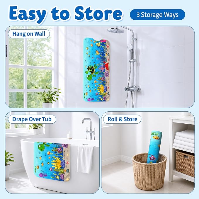 XIYUNTE Baby Bath Mat for Tub Non Slip, BPA Free Extra Long Bathtub Mat Non Slip 40x16 with Drain Holes and 200 Suction Cups, Non Toxic Machine Washable Bath tub mat, EU Certified, Sea Turtle