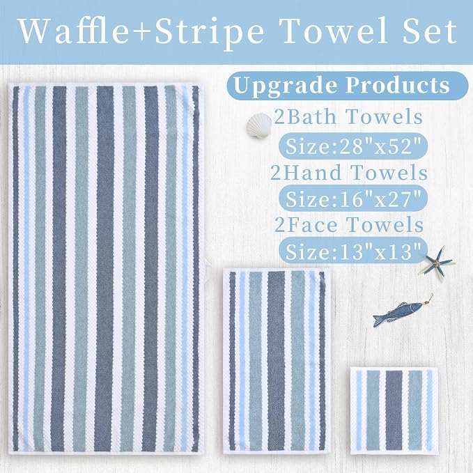 VOOVA & MOVAS Stirpe Towels for Bathroom - Quick Dry | Lightweight | 540GSM,2 Bath 30"x56", 2 Hand 16"x27",2 Washcloths 13"x13",Cotton Blend Towels with Hanging Loops,Blue Gray White Stripe
