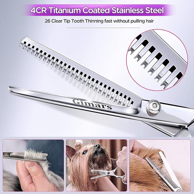 Gimars Professional 4CR Stainless Steel 6 in 1 Grooming Scissors for Dogs with Safety Round Tip, Heavy Duty Titanium Coated Pet Grooming Scissor for Dogs, Cats and Other Animals