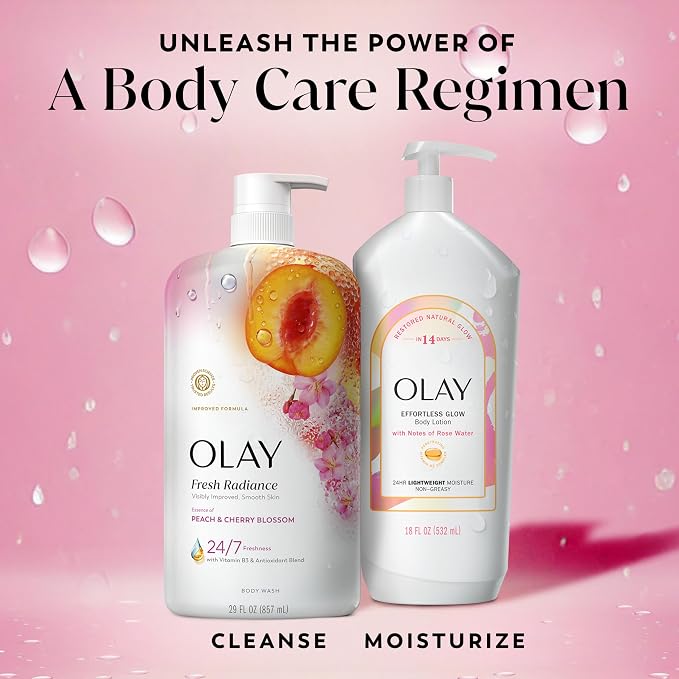 Olay Body Wash for Women, Fresh Radiance, 24/7 Skin-Loving Freshness, Visibly Radiant, Plant Based Cleansers, Vitamin B3 & Antioxidant Blend, For All Skin Types, Peach & Cherry Blossom Scent, 29 fl oz