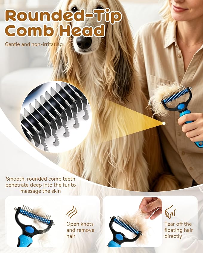 Tool, 2-In-1 Double-Sided Grooming Tool, Pet Shedding Remover Rounded-Tooth Comb For Painlessly Removing Knots And Loose Hair (Blue-Small)