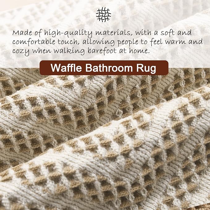 DWCN Waffle Bathroom Mat, Boho Bath Rugs Super Absorbent Non Slip Bath Mats for Bathroom Floor, Ultra Soft Farmhouse Shower Mats for Tub and Shower, 20 x 32 Inch, Brown & Beige