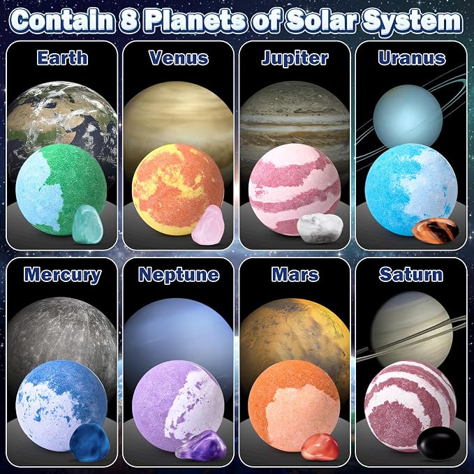 Toylink Galaxy Bath Bombs for Kids with Surprise Inside Space Toys, 8 Pack Planet Bath Bombs with Solar System Gemstones Organic Bubble Bath Fizzies Birthday Christmas Gift for Boys Girls
