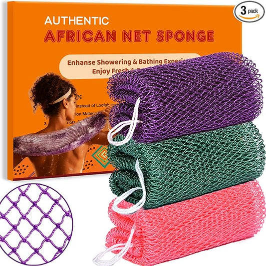 African Net Sponge Authentic, 3 Pieces African Exfoliating Net Sponge Body Back Scrubber Exfoliating Washcloth for Shower Bath for All Types Skin (Purple+Pink+Olive Green, 3 Pcs)