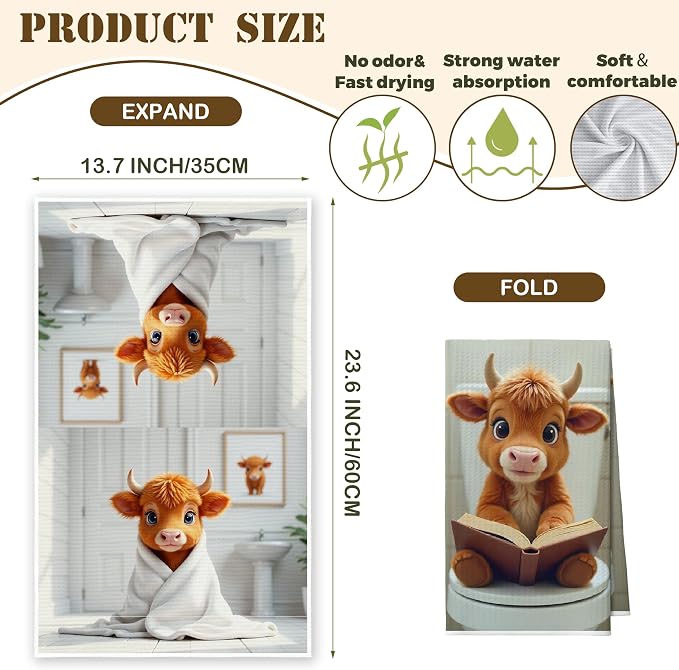 Bath Towels Set of 2, Cute Highland Cattle Dish Towel for Bathroom Spa Washroom, Western Calf Fast Drying Decorative Hand Towels, Farmhouse Housewarming Xmas Gifts for Women Mom -B22