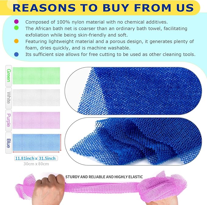 African Net Sponge Exfoliating Body Scrubber - Long Bath Sponge for Shower, Back Cleanser Smoother, Natural Exfoliation, Gentle for Sensitive Skin, Daily Use(Blue, Green, Purple, White)
