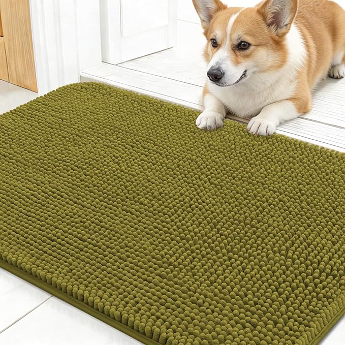 OLANLY Dog Door Mat for Muddy Paws 24x16, Absorbs Moisture and Dirt, Absorbent Non-Slip Washable Doormat, Quick Dry Chenille Mud Mat, Entry Indoor Entryway Carpet for Inside Floor, Willow Green