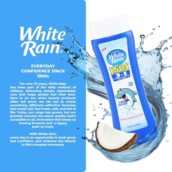 White Rain 3-in-1 Kids Shampoo Conditioner Body Wash, 12 fl oz (Pack of 3), Tear-Free Shampoo, Kids Body Wash, Paraben-Free, Gentle Formula for Daily Bath Routines, Pure Splash