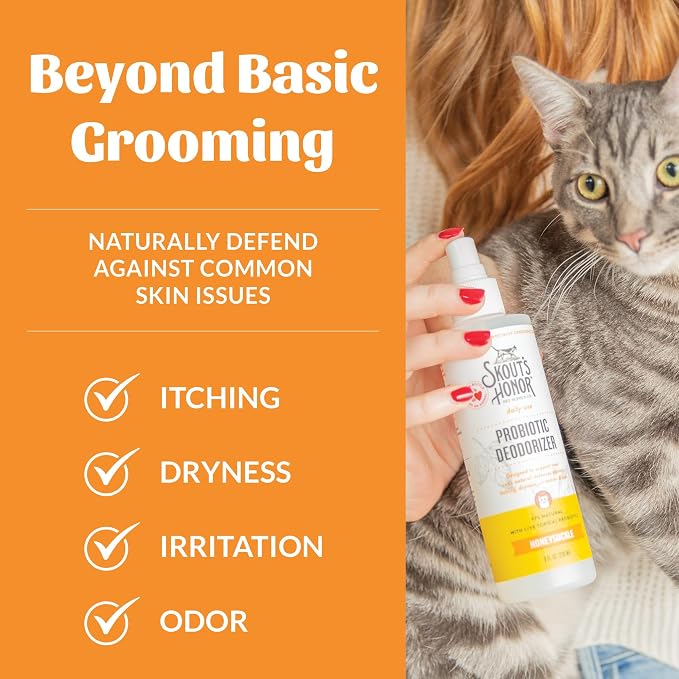 SKOUT'S HONOR Cat Probiotic Deodorizer Spray- Hydrating Daily-Use with Avocado Oil and Omega-3s, Paraben & Sulfate-Free, 97% Natural,Beyond Basic Grooming - 8oz, Honeysuckle