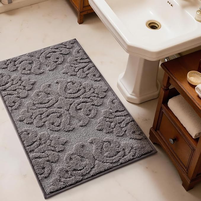 LUMI Bathroom Rugs Non Slip Rubber Backing, Ultra Soft Microfiber Bath Mat Machine Washable, Elegant Floral Bath Rugs for Shower Floor, Bathtub, Sink, 17x30, Grey