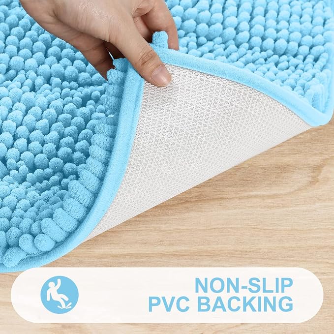 Grandaily Chenille Striped Bathroom Rugs 24x16, Extra Thick and Absorbent Bath Mats, Non-Slip Soft Plush Shaggy Shower Carpet, Machine Wash Dry, Bath Rug for Bathroom, (Small, Blue)