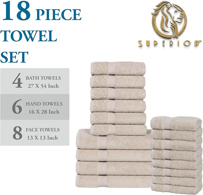 Superior 18-Piece Cotton Assorted Towel Set, Includes 8 Face Towel, 6 Hand, and 4 Bath Towels, Home, Bathroom, Guest Bath Essentials, Quick Dry, Absorbent, Franklin Collection - Stone