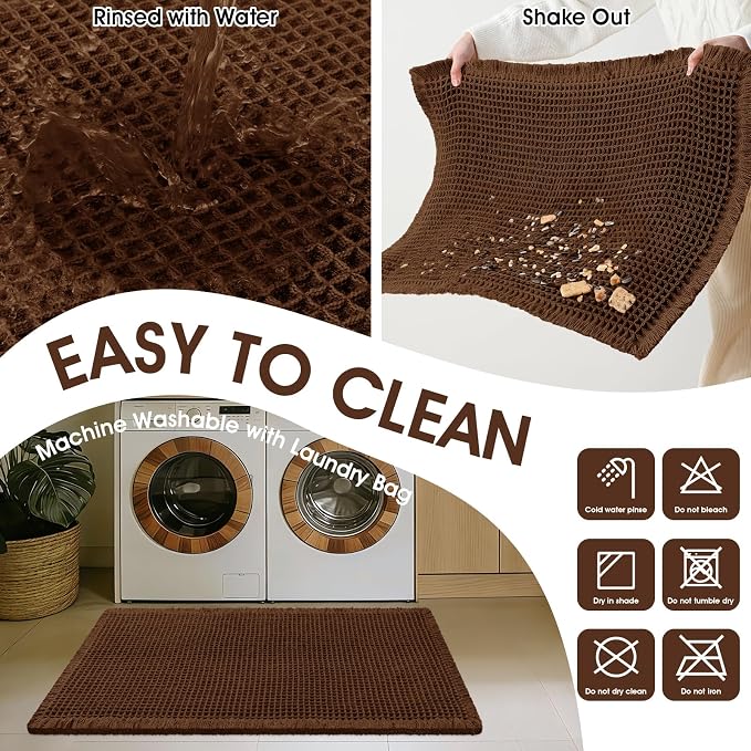 ACCUMTEK Upgraded Waffle Bath Mat, 36"x24" Brown, Super Absorbent Non-Slip Quick Dry Bathroom Rugs with Tassels, Machine Washable Ultra Soft Boho Bath Rugs for Floor, Toilet Mats Boho Farmhouse Decor